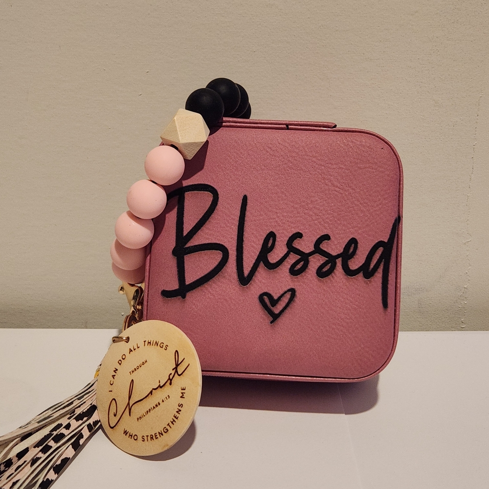 Pink 'Blessed' Square Jewelry Carrier And Wristlet